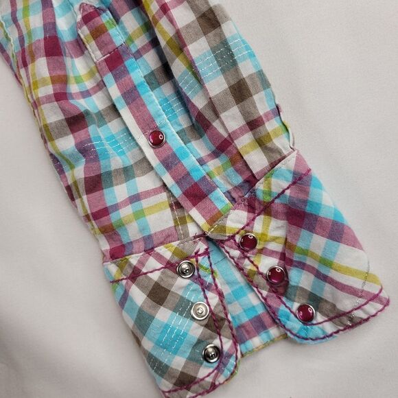 L ARIAT embroidered metallic snap plaid WESTERN RODEO PINK SILVER shirt LARGE - Picture 10 of 15